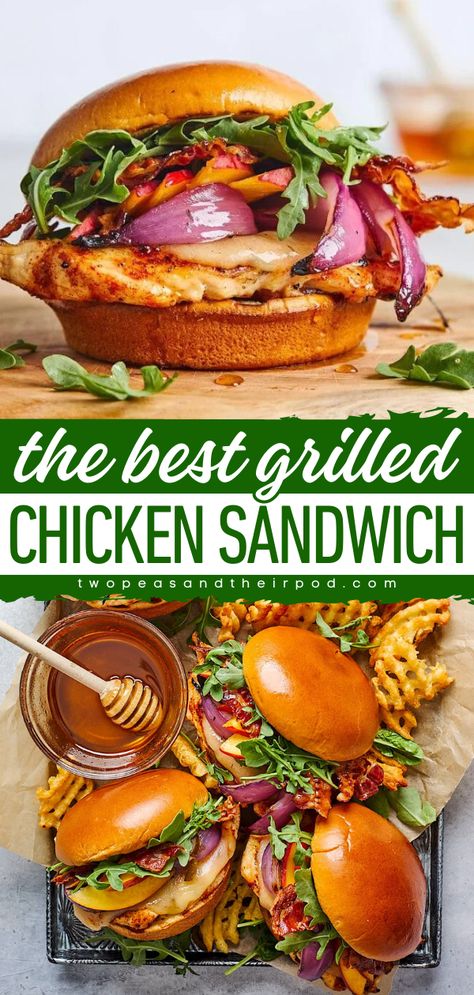 Here's a delicious summer grilling idea for you! This Grilled Chicken Sandwich starts with grilled chicken on a bun with cheese, bacon, and more! It also makes the best 4th of July recipe or Father's Day dinner idea! Grilled Chicken Recipes Sandwich, Lunch On The Grill, On A Bun Dinner, Grilled Chicken Club Sandwich Recipes, Grilled Chicken For Sandwiches, Grilled Chicken Sliders Recipes, Grilled Chicken Breakfast Ideas, Best Grilled Chicken Sandwich Marinade, Best Bbq Chicken Sandwiches