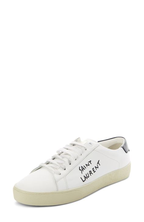 Saint Laurent Court Classic Low Top Sneaker available at #Nordstrom Saint Laurent Court Classic, Saint Laurent Sneakers, Designer Shoes Sneakers, Logo Letters, Top Sneakers Women, Up Styles, Low Top, Designer Shoes, Designing Women