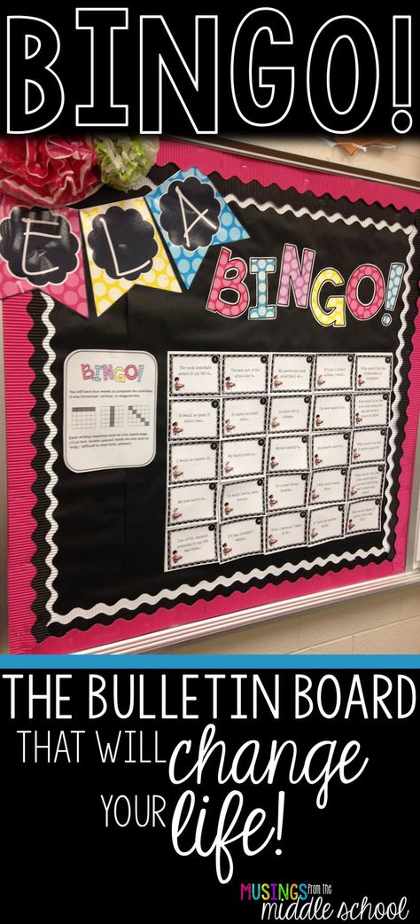 Teachers, you are going to LOVE this bulletin board!! Bingo Bulletin Board, Language Arts Bulletin Boards, Ela Bulletin Boards, Anchor Activities, Cozy Classroom, Classroom Memes, 6th Grade Reading, 8th Grade Ela, 4th Grade Writing