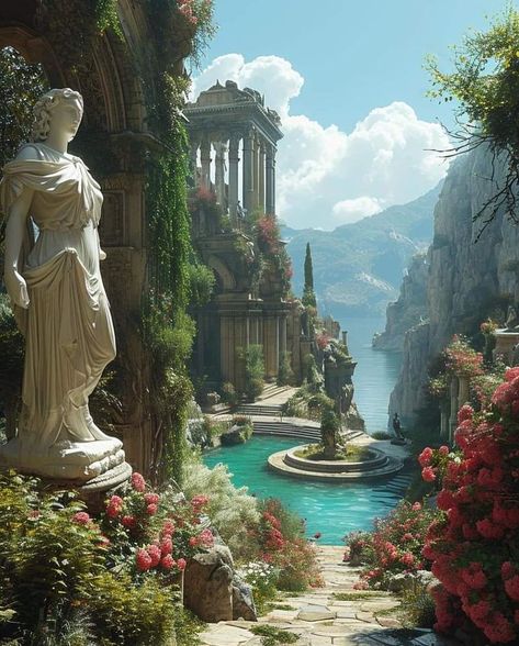 Greek Mythology House, Greek Mythology Places, Greek Mythology Architecture, Elf Vibe, Fictional Places, Fantasy Core, Art Genres, Ewolucje Eevee, Greek Mountains