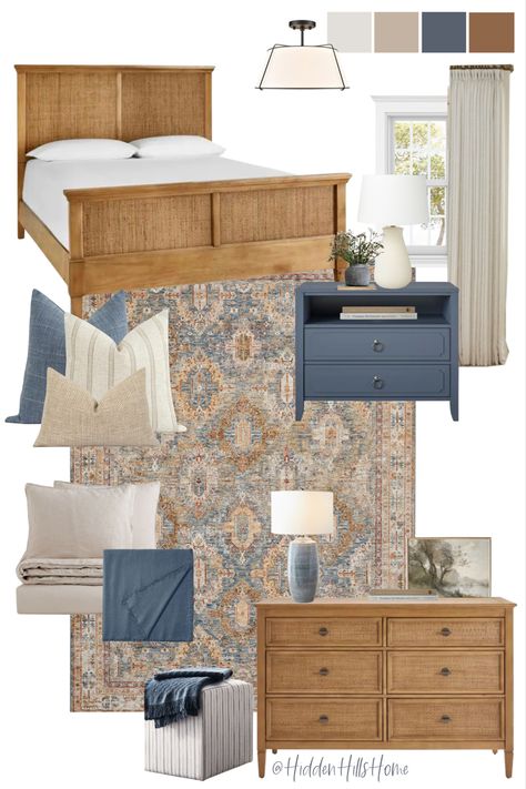 Blue and brown bedroom decor mood board featuring a tan cane bed and a blue nightstand Moody Apartment, Tan Bedroom, Lovely Bedroom, Cream Bedrooms, Beige Bedroom, Design Boards, Bedroom Bliss, Building House, Brown Bedroom