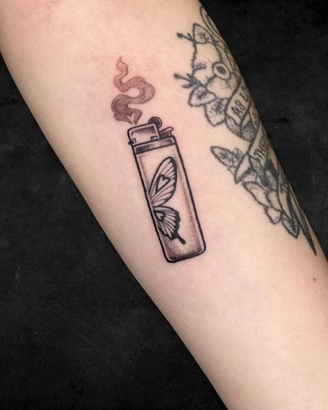 Lighter Flowers Tattoo, Lighter With Heart Flame Tattoo, Small Lighter Tattoo, Matching Lighter Tattoos, Heart Lighter Tattoo, Lighter With Flowers Tattoo, Lighter Tattoo Ideas, Lighter Tattoo Minimalist, Bic Lighter Tattoo