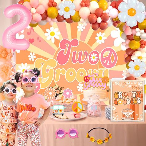 PRICES MAY VARY. Two groovy party decorations set includes : Two groovy theme backdrop (150cmx100cm), two groovy cake topper, 1pcs hippie headband,1pcs hippie sunglasses, 5pcs hippie bus peace sign boho rainbow cupcake toppers, 80pcs hippie boho theme latex balloons, 2pcs daisy foil balloons, 1pc 42inch number 2 foil balloon, two groovy themed party card(8”x10”), 2pcs dot glue(40point),1pcs balloon strip(3M). Perfect Occasion: Perfect for two groovy party decorations, groovy birthday party suppl Groovy Balloon Arch, Two Groovy Party, Groovy Birthday Party, Hippie Birthday Party, Groovy Party, Two Groovy, Boho Party Decorations, Second Birthday Party, Rainbow First Birthday