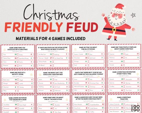 ** Save and buy the Christmas game bundle : https://www.etsy.com/uk/listing/890125036/christmas-game-bundle-family-christmas ** We asked a 100 people and the survey said .... Add a little friendly competition to the holidays, compete in teams and play Christmas Friendly Feud. The materials for 4 Holiday Family Feud, Family Feud Questions And Answers, Family Feud Questions, Christmas Friendly Feud, Christmas Song Games, Christmas Family Feud, Christmas Trivia Games, Holiday Facts, Christmas Gift Games