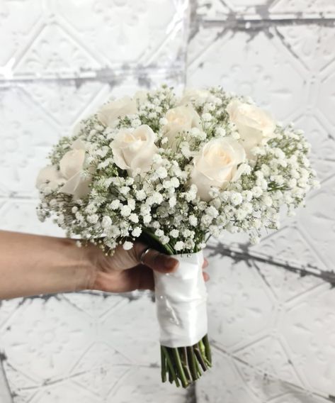 Tiny White Flowers Bouquet, Prom Flowers Bouquet White Dress, Bridal Bouquet Roses And Baby’s Breath, Rose And Babysbreath Bouquet, White Rose And Baby’s Breath, Classic Wedding Bouquet White Flowers, Fresh Flower Bouquet For Bride, White Flowers For Prom, Courthouse Wedding Flower Bouquet