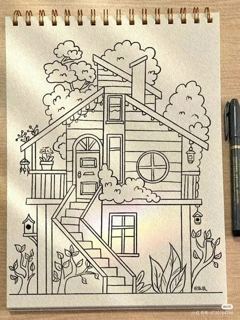 [𝑺𝒂𝒗𝒆 & 𝑭𝒐𝒍𝒍𝒐𝒘]~♡´･ᴗ･`♡ @1GreenHouse10 Creative House Drawing, Home Doodle, Drawing Dragon, Whimsical Art Journal, Drawing Step By Step, Meaningful Drawings, Easy Doodles, Drawing Step, Architecture Drawing Art