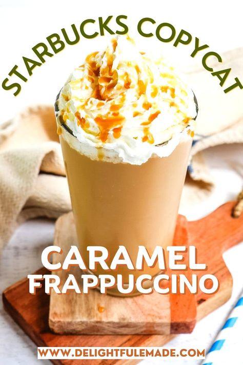 Starbucks Caramel Frappuccino Recipe | Delightful E Made Keto Caramel Frappe, Caramel Machiatto Frappe, Caramel Apple Frappuccino, Copycat Starbucks Caramel Frappuccino, Simple Frappe Recipe, How To Make A Caramel Frappe, Carmel Frappe Recipes, Home Made Frappuccino, Homemade Caramel Frappe