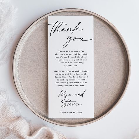 Wedding table thank you cards for the table at the wedding reception for a modern wedding. It is printed for you in black and white with a gorgeous script font.  Size: 3.7 x 9 inches Paper: thick, matte white, 130 lbs. Card Backs: white Wording: Please put the wording you would like in the box, during checkout, and we'll email you a proof. Proof: Emailed within 24 hours of your purchase. Unlimited free edits to the proof with your personal invitation designer. Sent to printer after your proof ap Thank You Cards For Table Place Settings, Thank You Cards Wedding Reception, Thank You Cards On Table At Wedding, Reception Thank You Cards, Thank You Cards For Wedding, Wedding Thank You Ideas, Thank You Note For Wedding Guests, Thank You Wedding Cards Messages, Wedding Reception Black And White