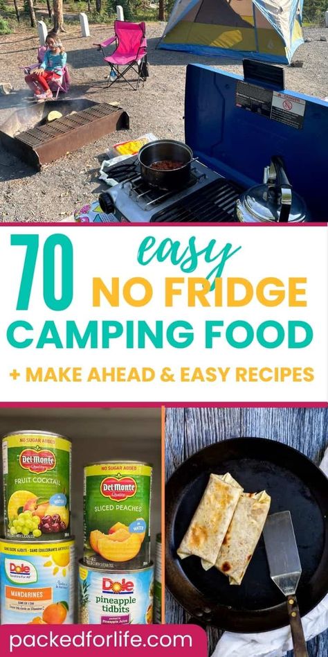 No cooler, no cooking camp meals! Also great for Road trip meals. Everything you need to eat well without a cooler or camp kitchen. Plus make ahead and easy camping recipes too. Canned foods for camping. Road trip food to pack. Foods For Camping, Road Trip Meals, Best Camping Food, Meals No Refrigeration, Easy Camping Dinners, Easy Camping Recipes, Camp Meals, Camping Food Make Ahead, Camping Menu