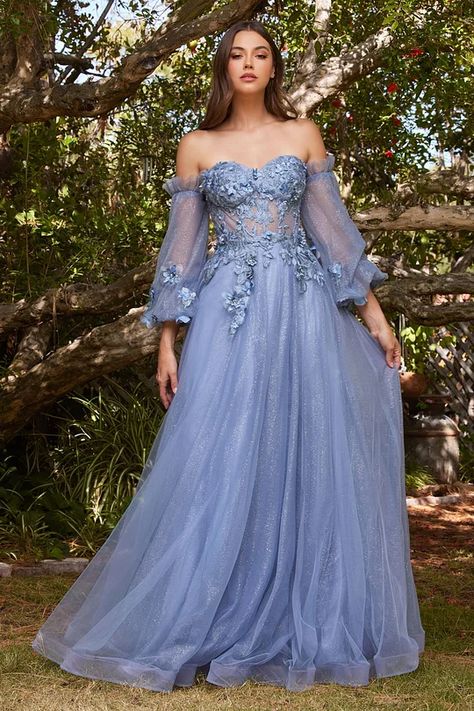 Evening Dress Fairytale Prom Dress, Corset Ball Gowns, Corset Gown, Smoky Blue, Blue Ball Gowns, Cinderella Divine, Floral Corset, Long Sleeve Prom, Princess Gown