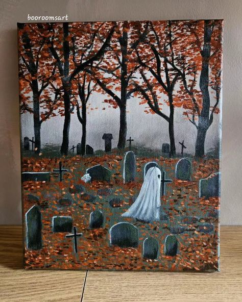 Ghost in graveyard Halloween Canvas Paintings, Halloween Canvas Art, Fall Canvas Painting, Halloween Artwork, Desen Anime, Cute Canvas Paintings, Easy Canvas Art, Canvas Painting Designs, Halloween Painting