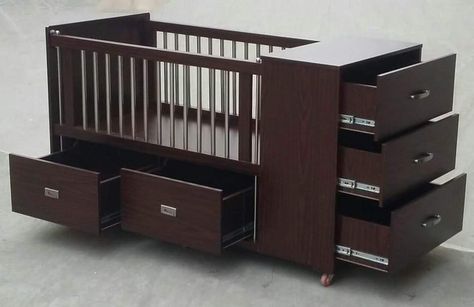 Cot Storage Ideas, Baby Cots Design, Baby Cot Ideas, Nursery Station, Cot With Storage, Baby Cupboard, Wooden Baby Cot, Baby Crib Designs, Wooden Baby Crib