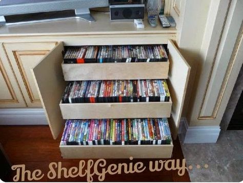 Dvd Storage Solutions, Organize Dvds, Dvd Storage Cabinet, Dvd Storage Ideas, Movie Storage, Diy Dvd Storage, Diy Dvd, Dvd Storage Shelves, Dvd Shelves