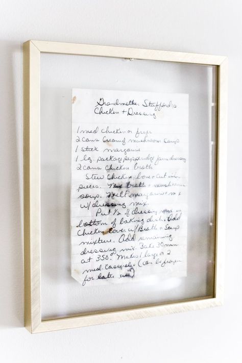 Sentimental art idea - preserve and frame handwritten recipes and letters Framed Recipes, Sentimental Art, Framed Letters, Handwritten Recipes, Home Decor Kitchen, White Frame, Home Projects, The Wall, Frames On Wall