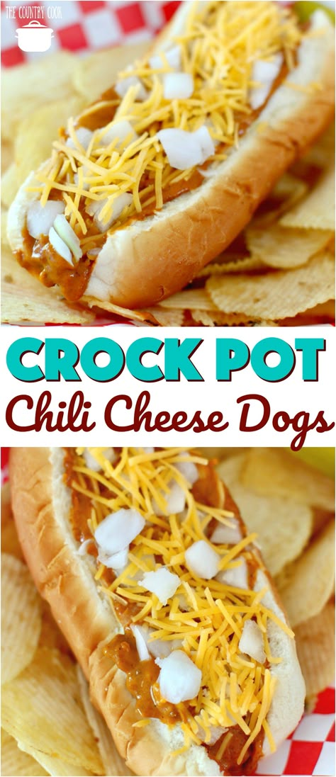 Chili Cheese Hot Dog, Crock Pot Chili, Chili Cheese Dogs, Hot Dog Chili, Cheese Dog, Hot Sausage, Crockpot Chili, Country Cook, The Country Cook