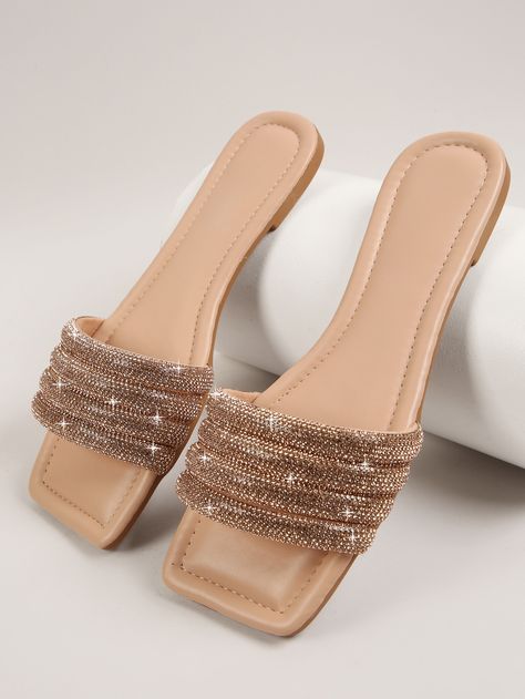 Champagne Fashionable Collar   Plain Slides Embellished   Women Shoes Pretty Sandals Summer, Women Flats 2023, Flat Slippers For Women Fashion, Fancy Sandals Flats, Slippers Womens Flats, Indian Sandals, Elegant Slippers, Fancy Sandals, Women Flat Sandals