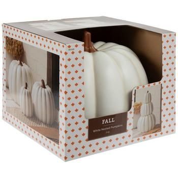 Smallest Dimensions: 6.5" x 7.28" Largest Dimensions: 14.75" x 11.42" Material: Plastic Color: White & Brown Care & Safety: Indoor/Outdoor Use; Not Intended For Food Use Quantity: 3 Decorate your porch this season with a charming display by using these Stackable Pumpkins. This set features three pumpkins of various sizes with brown stems and subtly textured bodies. Each pumpkin has a hollow center for them to nest together for compact storage. Adorn the stack with foliage or raffia and greet your guests with a festive fall sight! Dollar Tree Metal Pumpkin Sign, Toilet Paper Fabric Pumpkins, Galvanized Bucket With Pumpkin, Fall Ornaments Michaels Stores, Stacking Plastic Pumpkins Porch, White Pumpkin Porch Decor, Fall Accent Table, Wood Bowl Fall Decor, Hobby Lobby Stacked Pumpkins