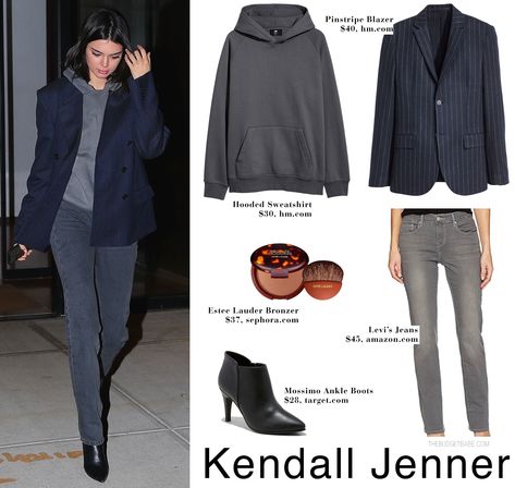 Kendall Jenner wears a pinstripe navy blazer with a hoodie, Yeezy jeans and Balenciaga boots Navy Pinstripe Blazer Outfit Women, Navy Pinstripe Blazer Outfit, Hoodie And Blazer Outfit, Navy Blazer Outfit Women, Pinstripe Blazer Outfit, Navy Blazer Outfits, Yeezy Hoodie, Fall Outfit With Boots, Balenciaga Boots