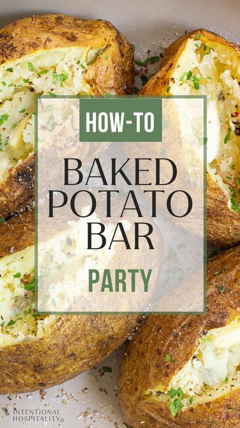 Feeding a crowd an easy and delicious meal will be a snap with this baked potato bar how-to and tips for what to serve with a baked potato bar. Baked Potatoes Party, How To Make Baked Potatoes For A Crowd, Baked Potato Buffet, Loaded Baked Potato Board, Easy Baked Potato Bar, Potatoes Bar Ideas, Baked Potato Bar Party Ideas, Baked Potato And Salad Bar Ideas, Hot Potato Bar Ideas