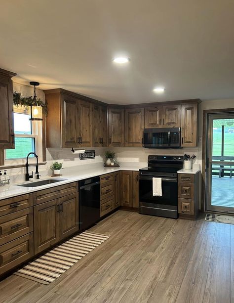 Jacobean Kitchen Cabinets, Rustic Home Remodel Ideas, Kitchen Rustic Ideas, Walnut Kitchen Cabinets Farmhouse, Small Ranch House Kitchen, Farmhouse Kitchen Dark Wood Cabinets, Western Kitchen Cabinets, Double Wide Living Room Ideas, Ranch Home Kitchen