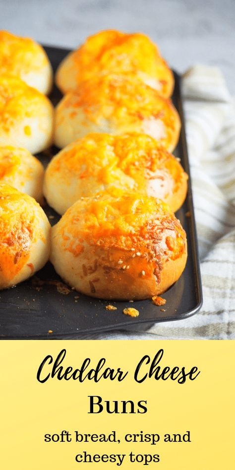 Tender crisp and cheesy tops with hints of garlic flavor, You will love these Cheddar Cheese Buns that has a bit of parmesan cheese mixed in the toppings. #cheese #cheddarbread #cheesebread Bread Buns, Cheese Buns, Queso Cheddar, Biscuit Rolls, Cheesy Bread, Bread Bun, Bread Machine Recipes, Bun Recipe, Bread Recipes Homemade