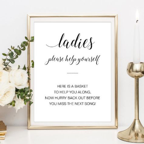 $11.65 | Ladies Bathroom Basket Elegant Wedding Sign #wedding bathroom sign, wedding dance sign, modern, bathroom basket, ladies, womens, elegant, black white, calligraphy script, minimalist Ladies Bathroom Decor Ideas, Wedding Bathroom Basket Ideas, Bathroom Sign Wedding, Wedding Bathroom Basket Sign, Bathroom Basket Wedding, Wedding Bathroom Signs, Ladies Bathroom, Bathroom Basket, Wedding Bathroom