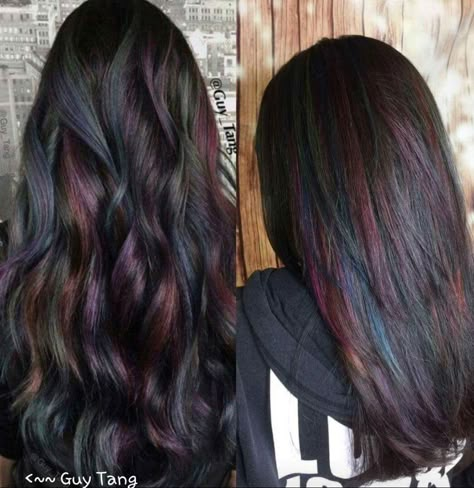 Oil Slick Underlights, Dark Hair With Multi Color Highlights, Brunette With Fun Color Highlights, Dark Brown Hair With Rainbow Highlights, Dark Brown Hair With Fashion Color, Oil Slick Balayage, Pops Of Color Hair Brunette, Dark Brown Hair With Fun Colors, Dark Hair With Color Highlights