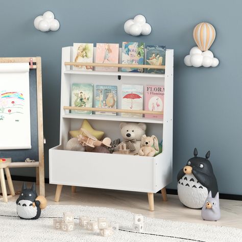 Product Features Multi-purpose:This bookshelf has two levels of shelves and one level of toy storage bin, allowing your children to display their books and store toys, etc. High-quality material: made of high-density MDF board and pine wood legs. Toy Storage Cabinet, Toy Storage Bin, Book Organizer, Kids Bookshelf, Toy Storage Bins, Bookshelf Organization, Toy Storage Organization, Kids Bookcase, Etagere Bookcase