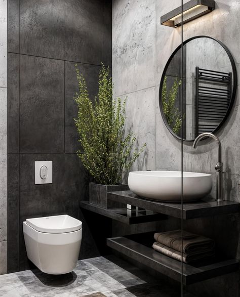 Black White Toilet, All Black Interior Design, Drømme Bad, Grey Bathroom Tiles, Industrial Style Bathroom, Toilet Sink, Washroom Design, Bathroom Design Inspiration, 아파트 인테리어