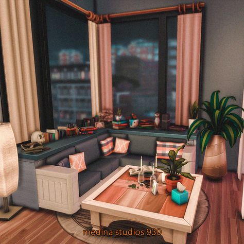 920 Medina Studios Sims 4 Layout, Sala The Sims 4, 920 Medina Studios Sims 4, 930 Medina Studios Sims 4, Sims 4 Interior Design Ideas No Cc, Sims 4 Living Room Ideas No Cc, Sims 4 Bedroom Ideas No Cc, Sims 4 Living Room Ideas, Sims4 Ideas