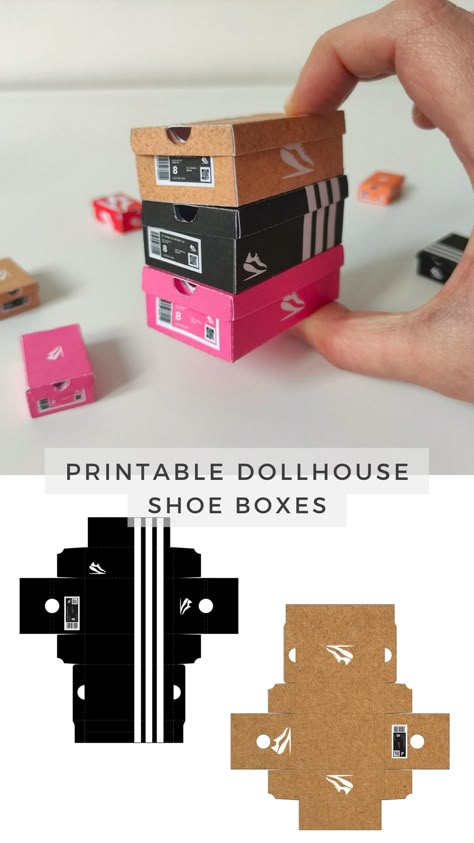 Whether you're a hobbyist or a full-time miniaturist, this template provides the versatility and creativity you need to bring your miniature world to life. Create miniature sneaker boxes for your dollhouse or diorama with this printable PDF template. This template offers boxes in six vibrant colors, available in 1/6 and 1/12 scales, perfect for adding a realistic touch to your miniature scenes. Miniature Diorama Scene, Diy Printable Crafts, Paper Diy Printable, Miniature Printables Templates, Craft Templates Printable, Box Diy Ideas, Printable Box Templates, Shoe Box Diorama, Crafts To Print