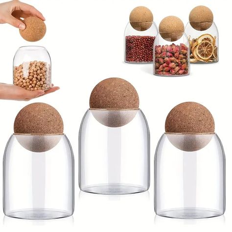 Glass Storage Containers Ball Cork Glass Jar Cork Lid Round - Temu Glass Cookie Jars, Glass Storage Containers, Spice Tea, Glass Storage Jars, Cork Lid, Candy Jar, Glass Storage, Glass Kitchen, Candy Jars