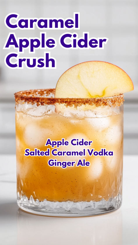 Caramel Apple Cider Crush Salted Caramel Vodka Apple Cider, Apple Cider Crockpot Recipe Alcohol, Apple Cider And Champagne, Apple Cider Big Batch Cocktails, Crown Apple Drinks Recipes Fall, Autumn Fizz Cocktail, Drink Recipes With Caramel Vodka, Ginger Ale Alcohol Drinks, Apple Cider Crush