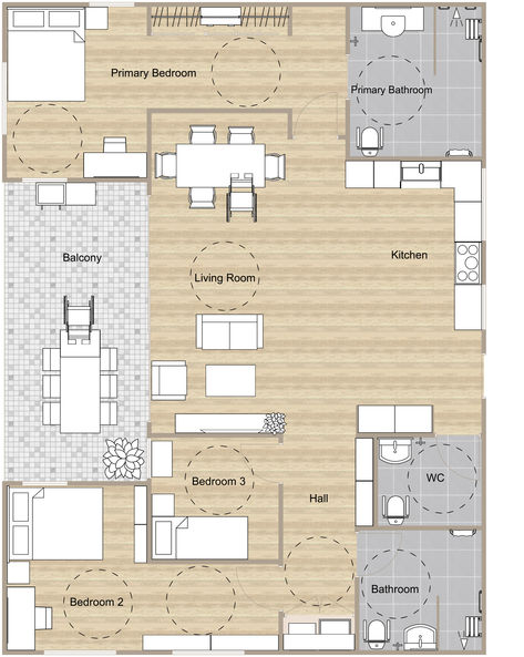 A light wooded and grey 2D ADA floor plan with three bedrooms, three bathrooms, an l-shaped kitchen with roll-under countertop and sink, and a balcony. Three Bedroom Floor Plan, Bedroom Floor Plan, 2d Floor Plan, Plan Home, Living Room Plan, Ensuite Bedroom, Bedroom Floor Plans, Private Deck, Bedroom Floor