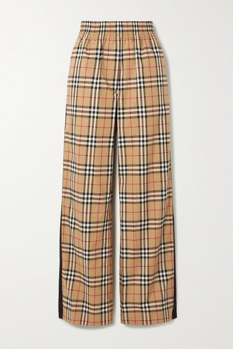 Burberry's pants are cut with slouchy wide legs - the silhouette highlights the house's heritage check perfectly. Tailored from cotton-blend, they're striped along the sides and have a high-rise waistband that suits tucked-in tees. Burberry Clothes Women, Burberry Clothes, Burberry Pants, Burberry Outfit, Striped Wide Leg Pants, Checked Trousers, Burberry Women, Wide Legs, Cotton Pants