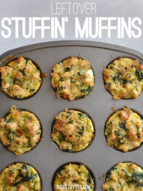 Repurpose those Thanksgiving leftovers with these Leftover Stuffin' Muffins - BudgetBytes.com Leftover Stuffing Recipes, Stuffin Muffins, Leftover Stuffing, Muffins Blueberry, Holiday Leftovers, Thanksgiving Leftover Recipes, Leftover Turkey Recipes, Zucchini Muffins, Thanksgiving Leftovers