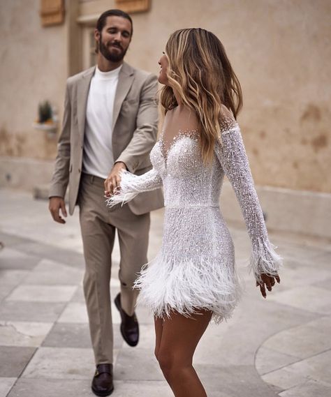 Prom Dresses Long Sleeves, Feather Mini Dress, Wedding Reception Outfit, Reception Outfit, Civil Wedding Dresses, Wedding After Party, V Neck Prom Dresses, Wedding Reception Dress, Dream Wedding Ideas Dresses