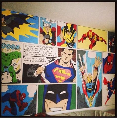 Comic Book Wall | Community Post: 21 Geeky Projects Fit For A Superhero Superhero Mural, Superhero Playroom, Superhero Bedroom, Son Bedroom, Superhero Wall, Superhero Room, Bedroom Murals, Geek Decor, Book Wall