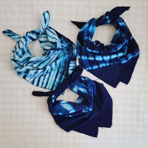 Tie Dye Scarves, Shibori Tie Dye, Indigo Shibori, Scarf Neck, Shibori, Bandanas, Head Scarf, Hand Dyeing, Scarf Wrap