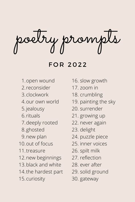 A Month of Poetry Writing Prompts for 2022 — Rachel Huckel | Poet + Poetry Editor Psychology Research Topics, Topics To Research, Psychology Topics, Poem Writing Prompts, Songwriting Prompts, Writing Songs Inspiration, Writing Prompts Poetry, Writing Lyrics, Poetry Prompts