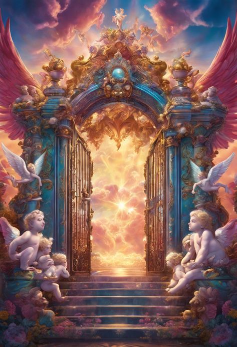 Heavenly gold gates Check more at https://paintlyx.com/heavenly-gold-gates/ Pearly Gates Of Heaven, Infected Mushroom, Gates Of Heaven, Gold Gate, Angel Clouds, Arch Doorway, Pearly Gates, Heaven's Gate, Baroque Art