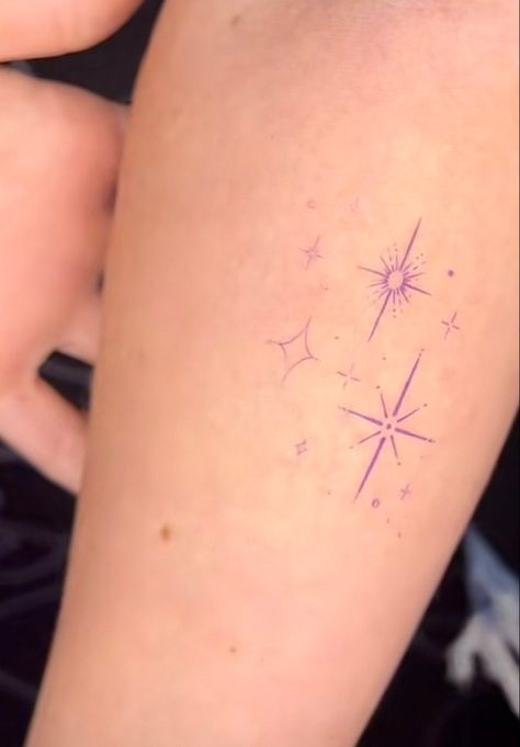 Twinkle Tattoo Design, Sparkle Cluster Tattoo, Disney Sparkle Tattoo, Glitter Star Tattoo, Purple Star Tattoo, Sparkle Back Tattoo, Red Sparkle Tattoo, Disney Star Tattoo, Purple Tattoos For Women