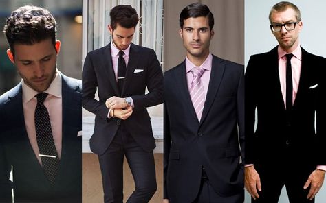 A Complete Guide to Black Suit & Shirt Combinations - The Trend Spotter Suit Shirt Combinations, Black Suit Pink Shirt, Black Suit Combinations, Blue Coat Pant, Pink Suit Men, Black Three Piece Suit, Pink Shirt Men, Shirt And Tie Combinations, All Black Suit