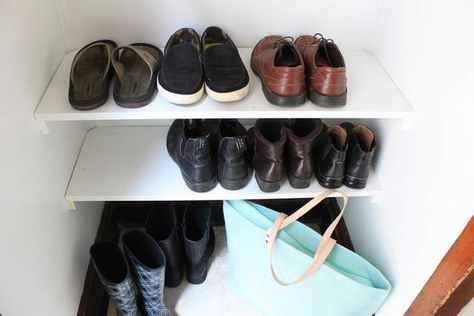 Built In Shoe Shelves Built In Shoe Shelves, Diy Built In Storage, Diy Shoe Shelves, Built In Shoe Rack, Small Entry Decor, Shoe Shelf Diy, Clean Your Oven, Mudroom Closet, Shoe Organization