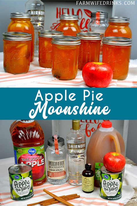 Apple pie moonshine combines apple cider and juice with apple pie filling with cinnamon sticks and vanilla with moonshine and vanilla vodka to create your new favorite fall liquor to drink. Apple Moonshine, Flavored Moonshine Recipes, Apple Pie Shots, Apple Pie Moonshine Recipe, Homemade Moonshine, Moonshine Recipe, Infused Liquors, Apple Pie Moonshine, Homemade Alcohol