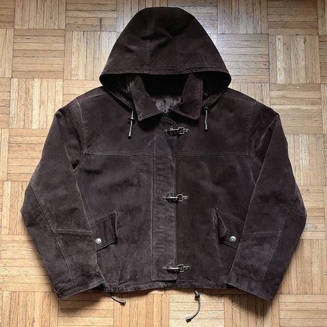 Vintage Fireman Clasp Hooded Suede Leather... - Depop Fireman Clasp Jacket, Fireman Jacket, Fashion Major, Suede Outfit, Vintage Suede Jacket, Suede Leather Jacket, Digital Closet, Vintage Suede, Duck Canvas