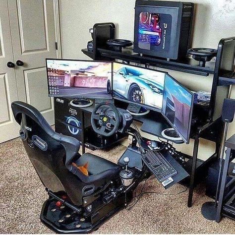 Epic driving rig Gamer Room Diy, Video Game Bedroom, Pc Games Setup, Xe Ducati, Computer Gaming Room, Pc Gaming Setup, Video Game Room Design, Video Game Rooms, Audi S5