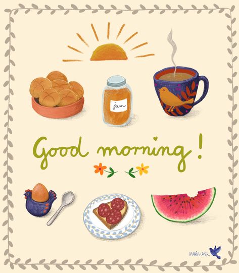 Good morning! Illustration of some things that make a morning good by Maria Over Good Morning Illustration Art, Morning Illustration Art, Good Morning Illustration, Morning Illustration, Hello Good Morning, Morning Kisses, Good Morning Greeting Cards, Good Morning Breakfast, Morning Morning