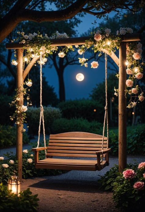 Beautiful Courtyard Gardens, Cottage Garden Lights, Night Garden Aesthetic, Aesthetic Gardens, Small Landscaping, Backyard Aesthetic, Diy Garden Landscaping, Reading Garden, Moonlight Garden