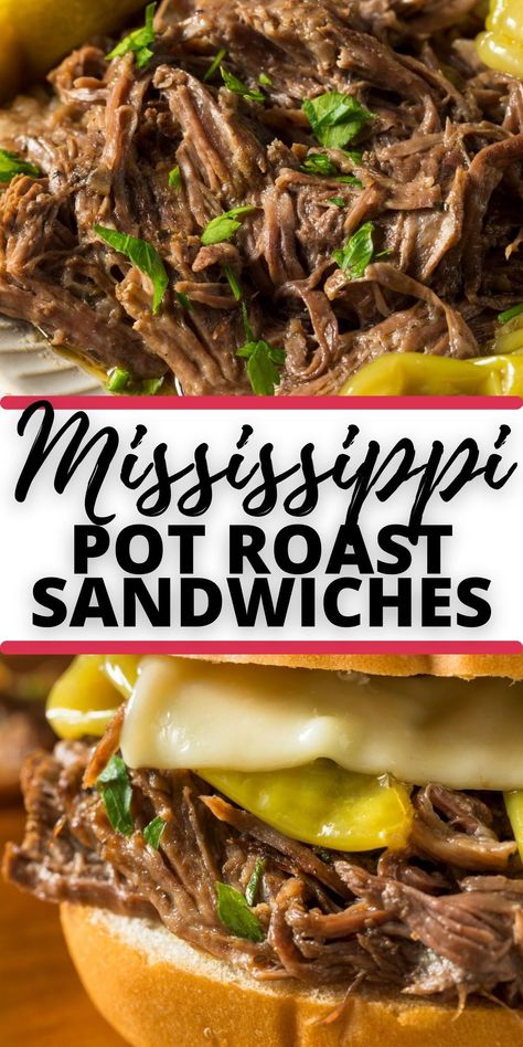 Crock Pot Mississippi Pot Roast Sandwiches are moist, juicy beef that you need in your life! This slow cooker sensation is an easy family favorite recipe that takes only minutes to put together.  These sandwiches are a melt in your mouth explosion of flavor Chuck Roast Crockpot Sandwiches, Crockpot Beef For Sandwiches, Pickle Pot Roast Sandwiches, Roast Beef Crock Pot Recipes Sandwiches, Potroast Crockpot Sandwich, Beef Roast Sandwiches Crock Pot, Crock Pot Steak Sandwich Recipes, Sirloin Tip Roast Beef Sandwiches, Pot Roast Grilled Cheese